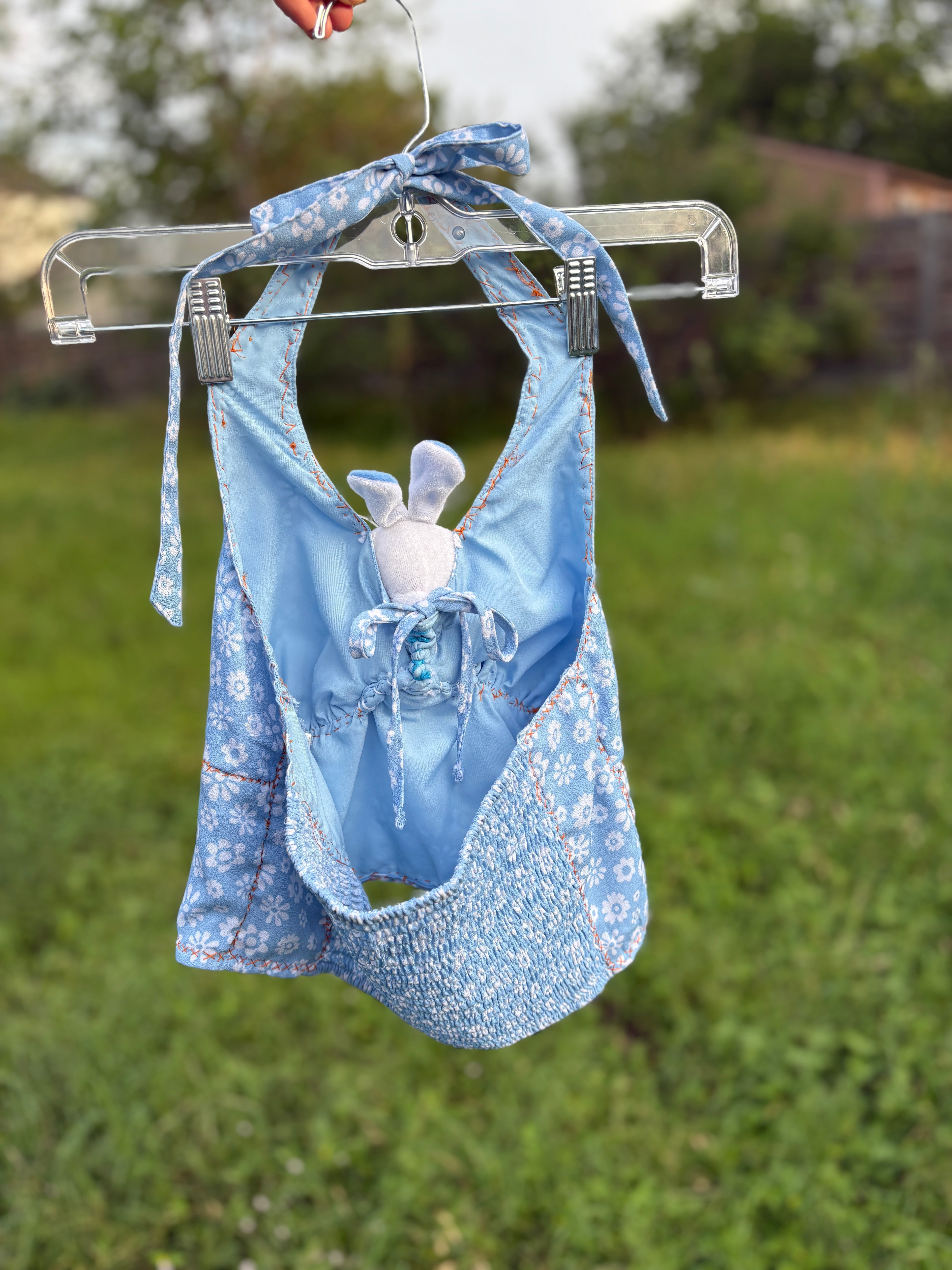 upcycled blue bunny halter top